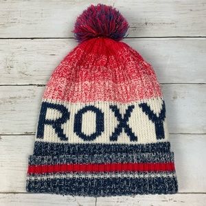 Roxy Knit Lined Puff Pom Foldover Winter Beanie Hat Red Blue Striped